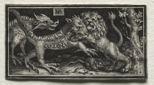 Lion Fighting two Beasts