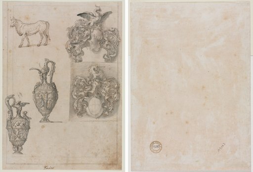 Design for Two Vases, Two Coats of Arms, and a Bull (recto) Several Line Borders (verso)