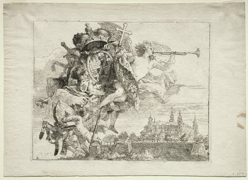 Flight into Egypt: Dedication with Winged Figure of Fame bearing the Arms of the Prince-Bishop of Wurzburg