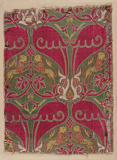 Lampas with rampant lions, palmettes, and escutcheons