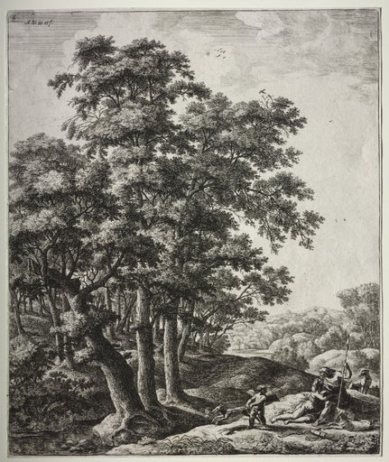 Six large upright landscapes with scenes from Ovid's Metamorphoses: Venus and Adonis