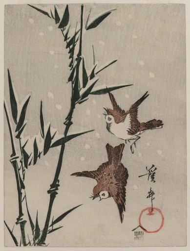 Sparrows, Bamboo and Falling Snow