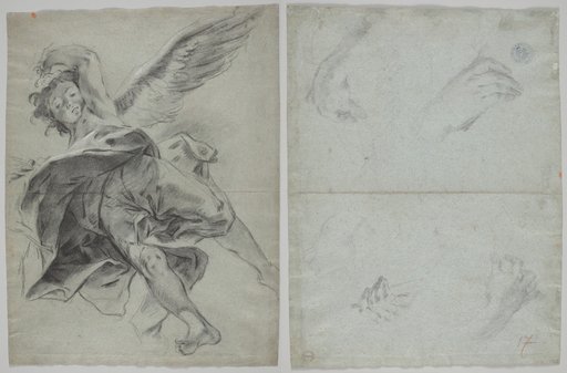 A Flying Angel (recto); Studies of Hands Playing Instruments (verso)