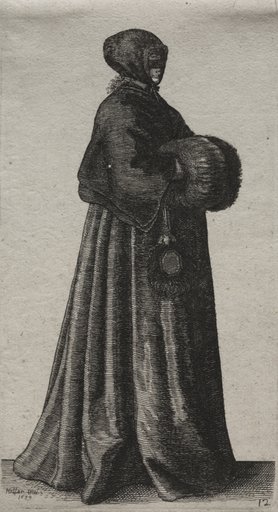 The Several Habits of English Women, from the Nobility to the Country Women as they are in these times: The Woman with Mask, Hood and Muff