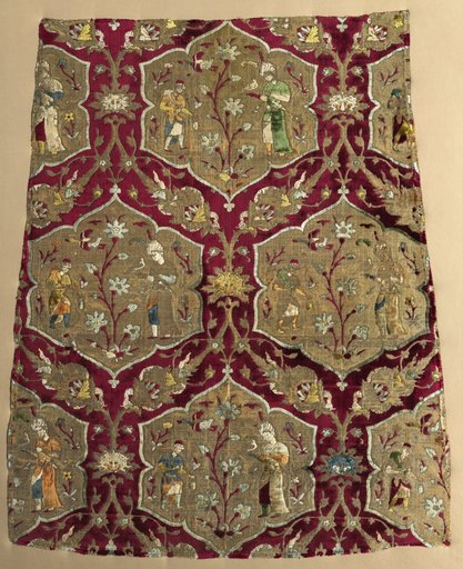 Fragment with falconer and attendant in animated lattice, from a robe