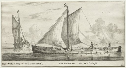 Various Ships and Views of Amsterdam (Verscheÿde Schepen en Gesichten van Amstelredam), Part II: A Water-ship bound for the Soutketen. A Brewer's Water-ship