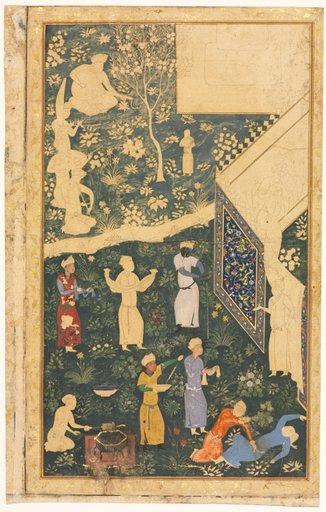 Left side of a double-page album folio: Outside a Royal Encampment (recto)