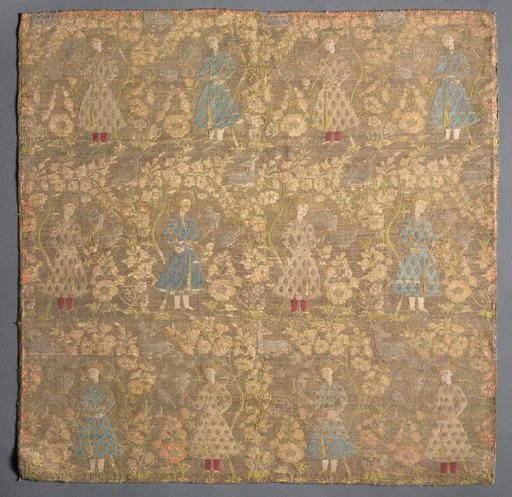 Section of Silk Fabric with Falconers Amid Rose Bushes