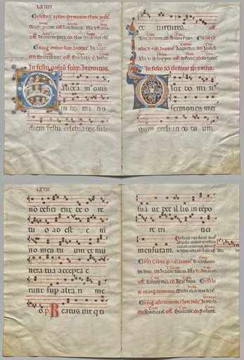 Bifolio from a Gradual: Initial (G) with Christ, the Virgin, and Apostles and Initial (O) (recto); Music and Text (verso)