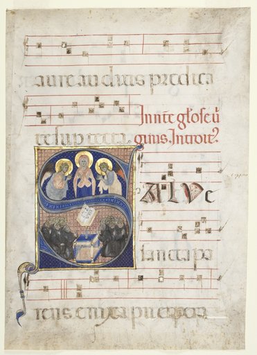 Initial S[alve sancta parens] with the Virgin Adored by Angels, and Singing Benedictine Monks: Single Leaf from a Gradual