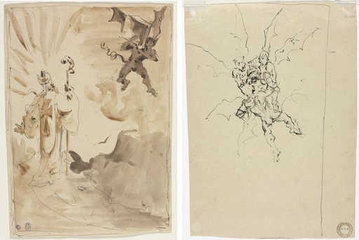 The Bishop and the Demon (recto); Three Demons Holding a Knight (verso)