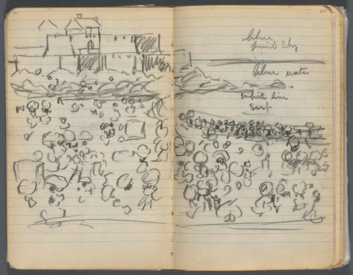 Sketchbook, page 108 &109: Beach View with color notations