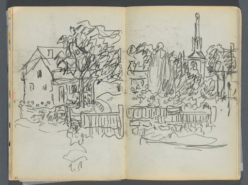 Sketchbook- The Granite Shore Hotel, Rockport, page 078 & 79: Village Scene with Church Spire