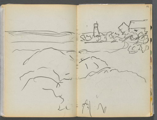 Sketchbook- The Granite Shore Hotel, Rockport, page 102 & 103: Harbor View with Lighthouse