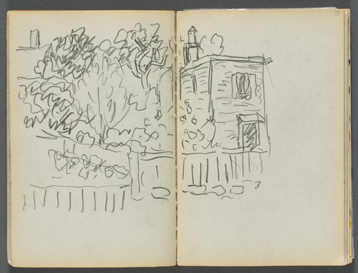 Sketchbook- The Granite Shore Hotel, Rockport, page 054 & 55: House and Fenced Garden