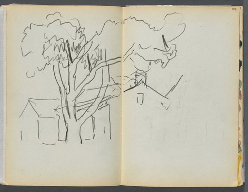 Sketchbook- The Granite Shore Hotel, Rockport, page 106 & 107: Tree with Houses