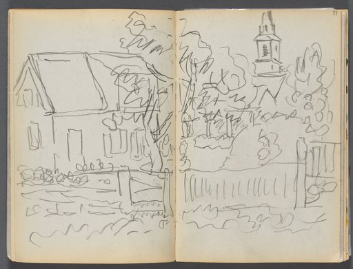 Sketchbook- The Granite Shore Hotel, Rockport, page 056 & 57: Village Scene with Church