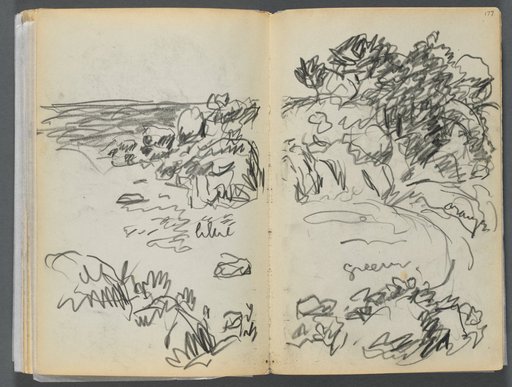 Sketchbook- The Granite Shore Hotel, Rockport, page 176 & 177: Landscape with Color Notations