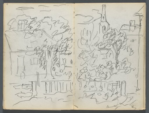 Sketchbook, The Dells, N° 127, page 084 & 85: Landscape with Houses and Spire