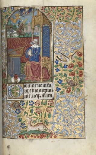 Book of Hours (Use of Rouen): fol. 80r, Opening Penitential Psalms, David Penitent, in the Distance David Slaying Goliath