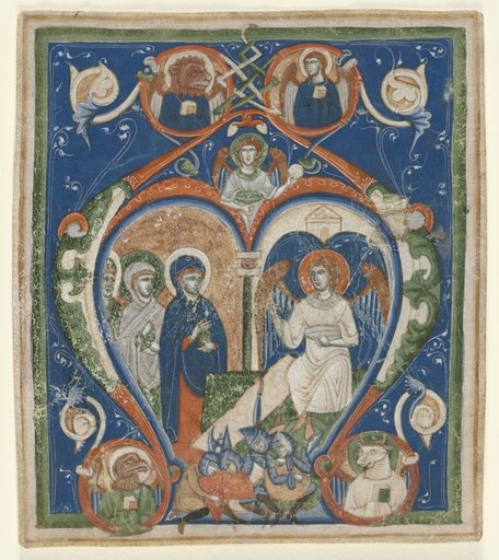 Initial A[ngelus Domini descendit] from an Antiphonary: The Three Marys at the Tomb