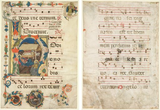 Leaf from an Antiphonary with Historiated Initial (H) with The Nativity (recto) and Music (verso)