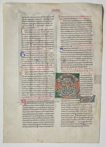 Single Leaf from a Decretum by Gratian: Decorated Initial Q[uidam habens filium obtulit] and Quadruple Arcade with Concordance of Greek and Latin Alphabets