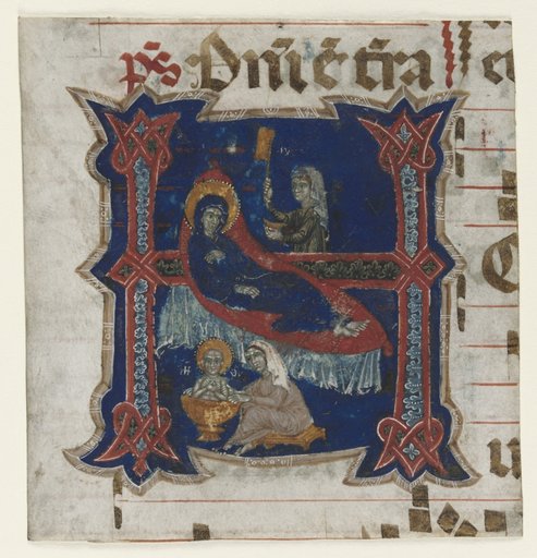 Fragment of a Choir Book with Historiated Initial (H): Birth of the Virgin