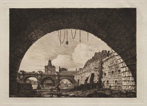 The New Bridge and the Samaritaine seen from under the First Arch of the Exchange Bridge, Paris