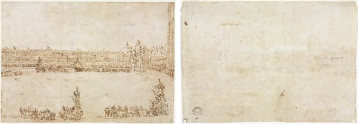 A Procession of Triumphal Cars in the Piazza San Marco, Venice, Celebrating the Visit of the Conti del Nord (recto); Three Sketches of Arches (verso)