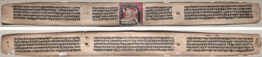 Folio 22 from a Gandavyuha-sutra (Scripture of the Supreme Array): Samantabhadra spinning clouds of things (recto); Text (verso)