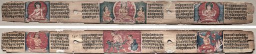 Folio 348 from a Gandavyuha-sutra (Scripture of the Supreme Array): Bodhisattva Manjushri with two forms of Avalokiteshvara (recto); Bodhisattva Samantabhadra purifies the path to enlightenment, with Manjushri (verso)