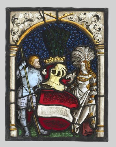 Heraldic Panel Depicting a Knight and a Lady with the Arms of the Archduchy of Austria