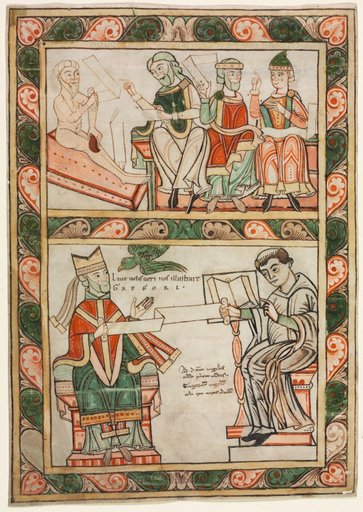 Title Page of St. Gregory's "Moralia": Job Visited by His Three Friends (above) and Gregory the Great and His Deacon Peter (below)