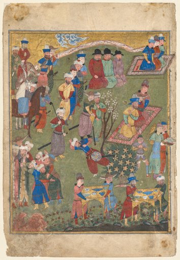 Royal Reception in a Landscape, left folio from the double frontispiece of a Shahnama (Book of Kings) of Firdausi (Persian, about 940–1019 or 1025)