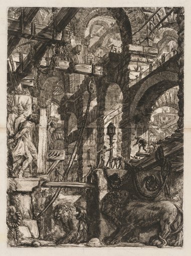 The Prisons: A Perspective of Roman Arches, with Two Lions Carved in Relief on Stone Slabs in the Foreground
