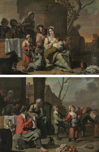 Vintage Scene and Peasant Children Dancing (painting pair)