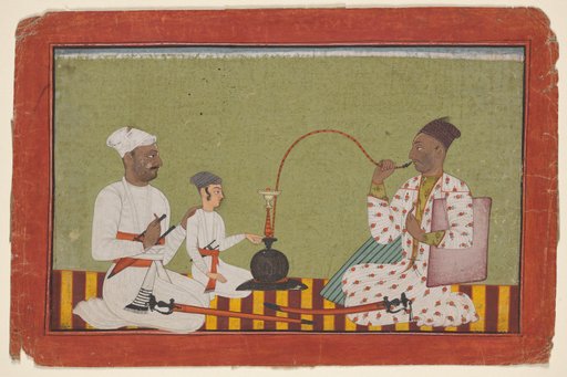 Posthumous portrait of Raja Chhatar Singh of Chamba smoking a hookah with his brother and son