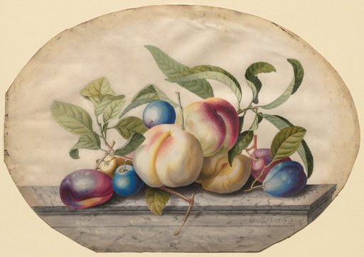 Fruit Arrangement: Peaches and Plumbs on a Slab of Marble