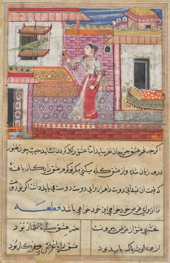 The Parrot Addresses Khujasta at the Beginning of the Thirteenth Night, from a Tuti-nama (Tales of a Parrot)