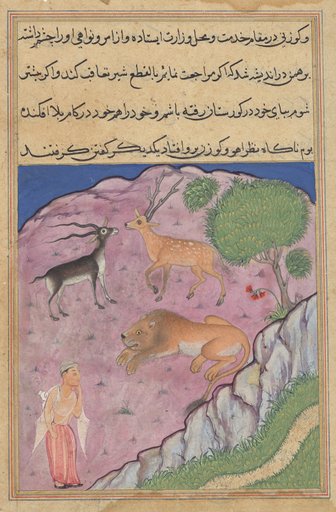 The Brahman comes upon a lion who has a deer and a gazelle as his viziers, from a Tuti-nama (Tales of a Parrot): Twenty-first Night