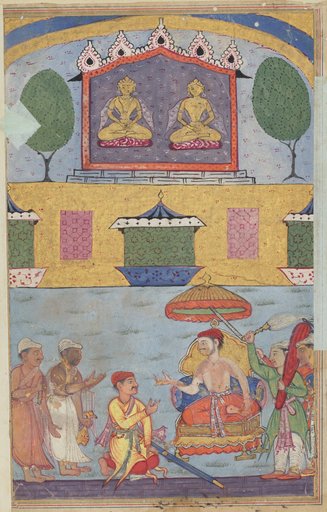 The goldsmith and the carpenter inform the king of a dream in which the golden images plan to desert the city for lack of worshippers, from a Tuti-nama (Tales of a Parrot): Third Night