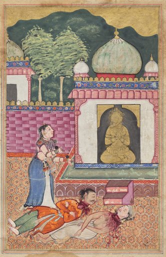 The princess discovers the dead bodies, with heads severed, of her husband and his Brahman friend, from a Tuti-nama (Tales of a Parrot): Thirty-fourth Night