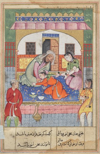 Repenting his conduct, ‘Ubaid falls at the feet of his parents, from a Tuti-nama (Tales of a Parrot): Forty-second Night