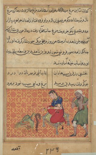 The bird of seven colors brings a sable to the pious man, from a Tuti-nama (Tales of a Parrot): Fifty-second Night