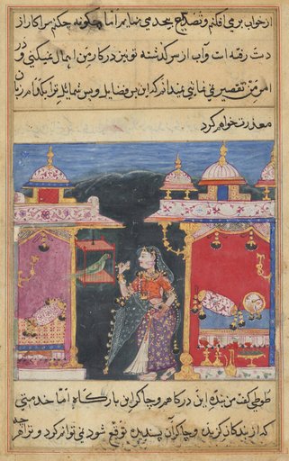 The Parrot Addresses Khujasta at the Beginning of the Seventh Night, from a Tuti-nama (Tales of a Parrot)