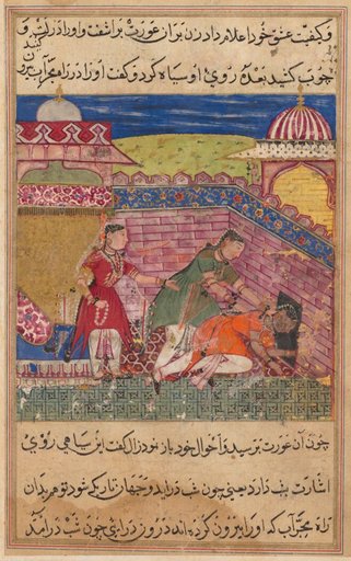 The deceitful wife ejects the procuress after blackening her face, from a Tuti-nama (Tales of a Parrot): Eighth Night