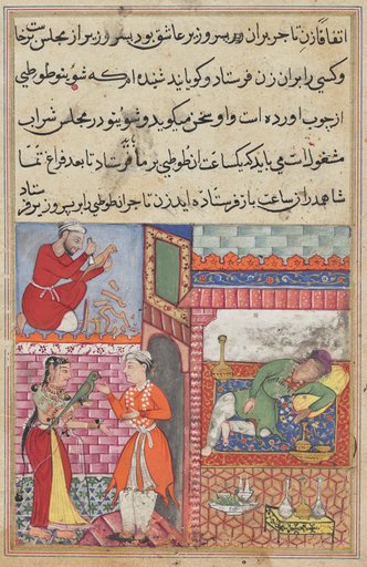 The vizier’s son receives the magic wooden parrot from the wife of the merchant, who is drunk, and has a replica made by a carpenter, from a Tuti-nama (Tales of a Parrot): Tenth Night