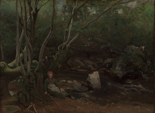 Lormes: Goat-Girl Sitting Beside a Stream in a Forest