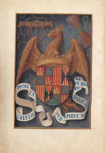 Hours of Queen Isabella the Catholic, Queen of Spain: Fol. 1v, Arms and Mottoes of Isabel la Católica